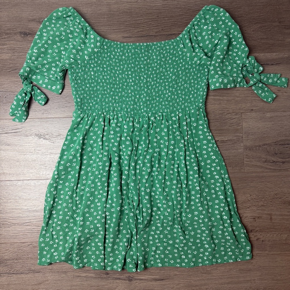 🌿 American Eagle Outfitters Green Floral Smocked Mini Dress Tunic Top - S - Picture 3 of 8
